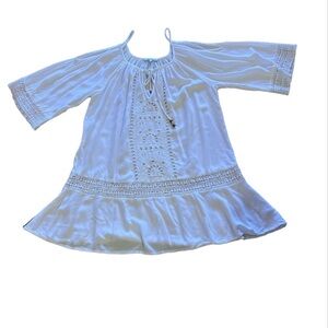 Blue Island Mini Dress Womens White Rayon Eyelet Ruffled Hem Keyhole Size L
